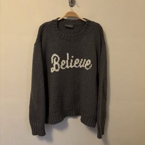 Wooden Ships Sweater BELIEVE Mohair Wool Blend M/L Gray Christmas